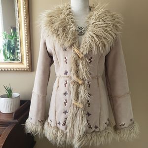 Vintage Suede Faux Fur Trim Embroidered Butterfly Toggle Jacket Penny Lane Coat